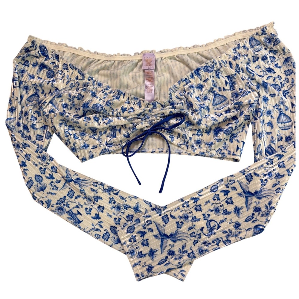 Savage X Fenty Blue White Toile Floral Ribbed Velvet Off Shoulder Crop Top Large